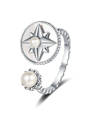 S925 Sterling Silver Original Eight-Pointed Star Texture Zircon Pearl Open Ring