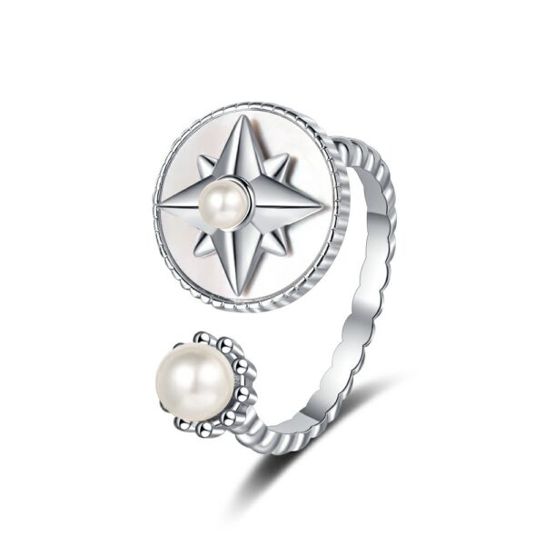 S925 Sterling Silver Original Eight-Pointed Star Texture Zircon Pearl Open Ring