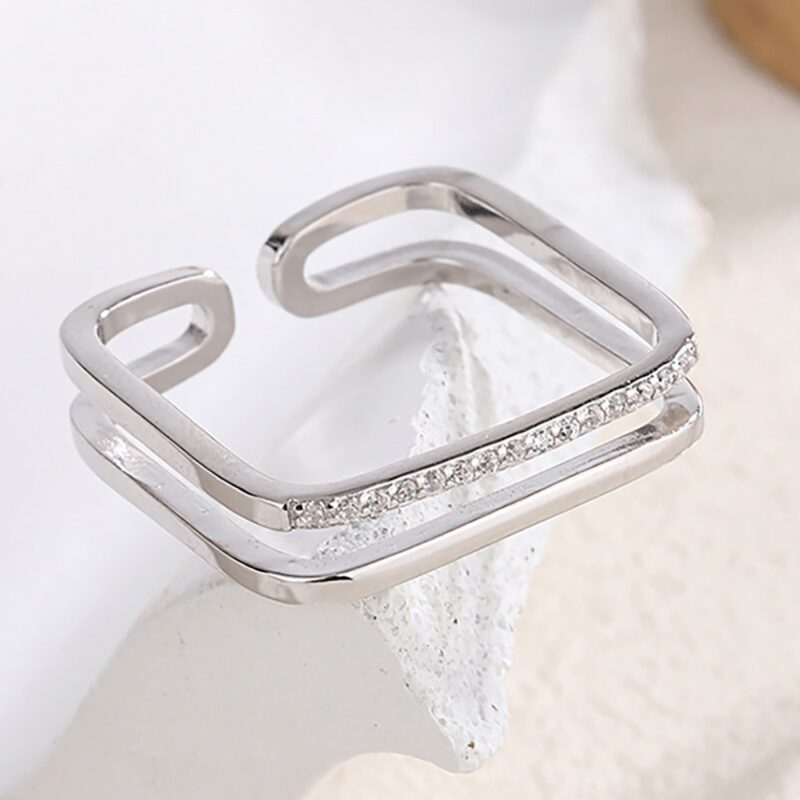 S925 Sterling Silver Niche Double Layer Square Open Ring