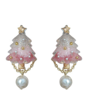 Handmade Original Design Christmas Gift Pink Frosted Three-dimensional Christmas Tree Pearl Stud Earrings