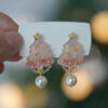 Handmade Original Design Christmas Gift Pink Frosted Three-dimensional Christmas Tree Pearl Stud Earrings