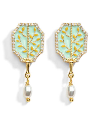 Original Design Fan Leaf Pearl Enamel Earrings