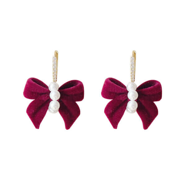 Original Christmas Flocked Red Bow Pearl Zircon Hoop Earrings