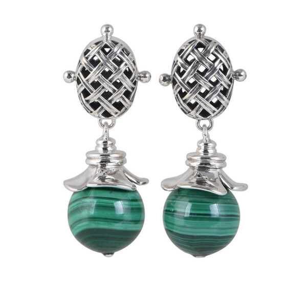 S925 Silver Retro Hollow Malachite Earrings