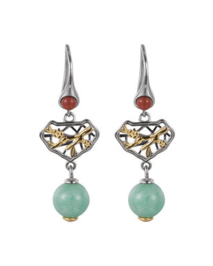 S925 Silver Vintage Hollow Plum Blossom Jade Earrings