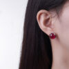 S925 Silver Vintage Textured Red Corundum Stud Earrings Pendant Open Ring