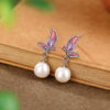S925 Sterling Silver Freshwater Pearl Cloisonné Butterfly Stud Earrings