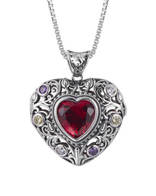 S925 Sterling Silver Inlaid Heart-shaped Ruby Hollow Carved Pendant