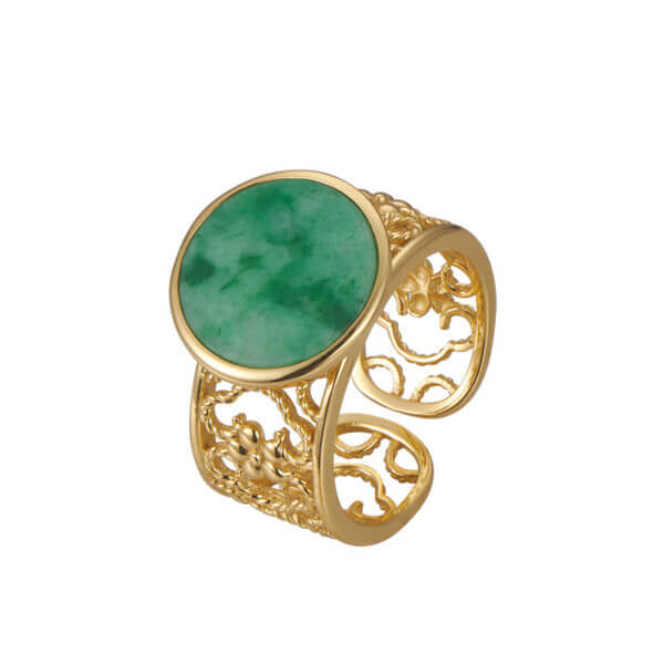 S925 Sterling Silver Jade Hollow Leaf Open Ring