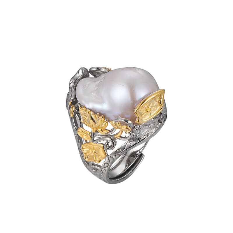 S925 Sterling Silver Lotus Leaf Baroque Pearl Open Ring