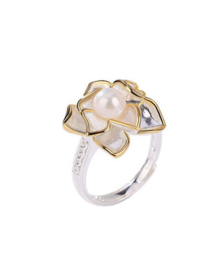 S925 Sterling Silver Vintage Gold Plated Freshwater Pearl Camellia Ring