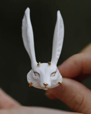 Handmade Original Design Long Ear Fox Ceramic Open Ring