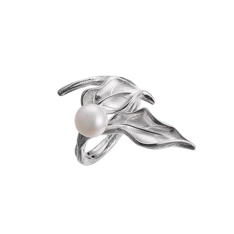 S925 Sterling Silver Contrast Color Leaf Freshwater Pearl Ring