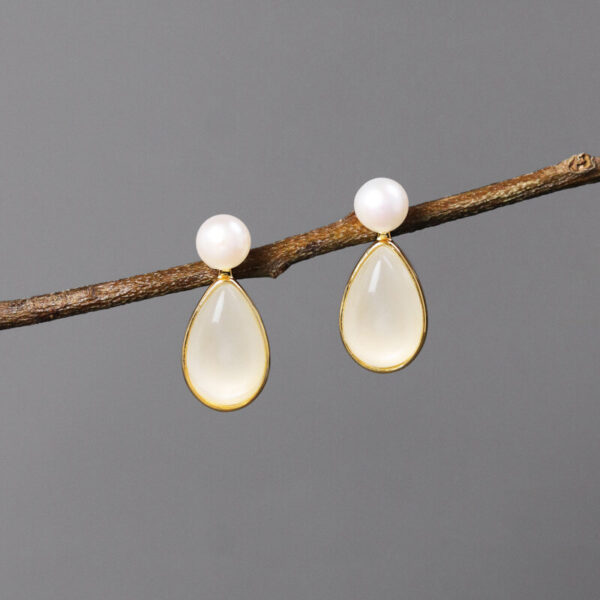 S925 Sterling Silver Drop Shape White Moonstone Freshwater Pearl Earrings