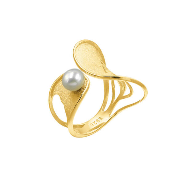 S925 Sterling Silver Hollow Abstract Lines Inlaid Pearl Open Ring