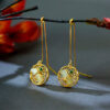 S925 Sterling Silver Inlaid Hetian Jade Bamboo Round Hollow Threader Earrings