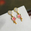 S925 Sterling Silver Inlaid Hetian Jade Enamel Pink Flower Earrings