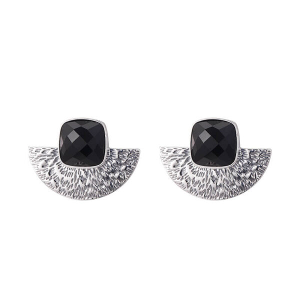 S925 Sterling Silver Retro Ethnic Black Agate Fan Shape Stud Earrings
