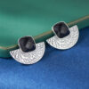S925 Sterling Silver Retro Ethnic Black Agate Fan Shape Stud Earrings