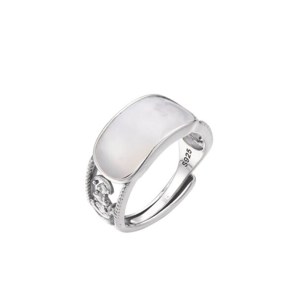 S925 Silver Inlaid White Shell Carved Hollow Open Ring