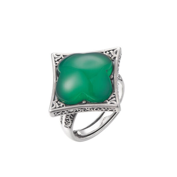 S925 Silver Vintage Quadrilateral Green Agate Open Ring