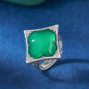 S925 Silver Vintage Quadrilateral Green Agate Open Ring