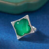 S925 Silver Vintage Quadrilateral Green Agate Open Ring