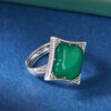 S925 Silver Vintage Quadrilateral Green Agate Open Ring