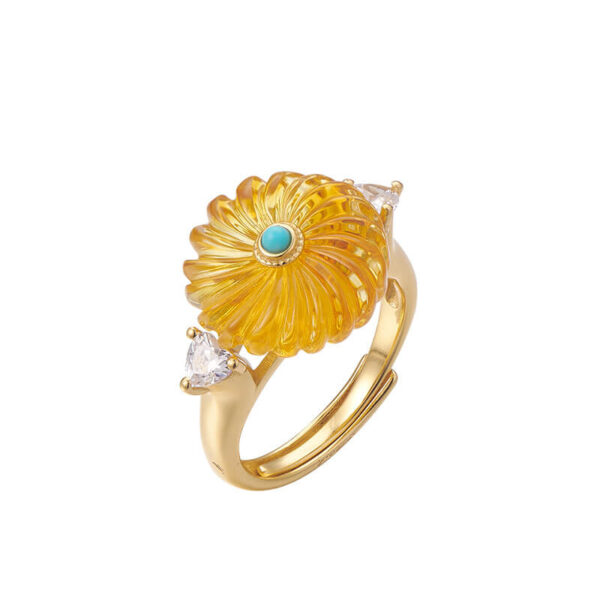 S925 Sterling Silver Flower Amber Beeswax Open Ring