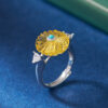 S925 Sterling Silver Flower Amber Beeswax Open Ring