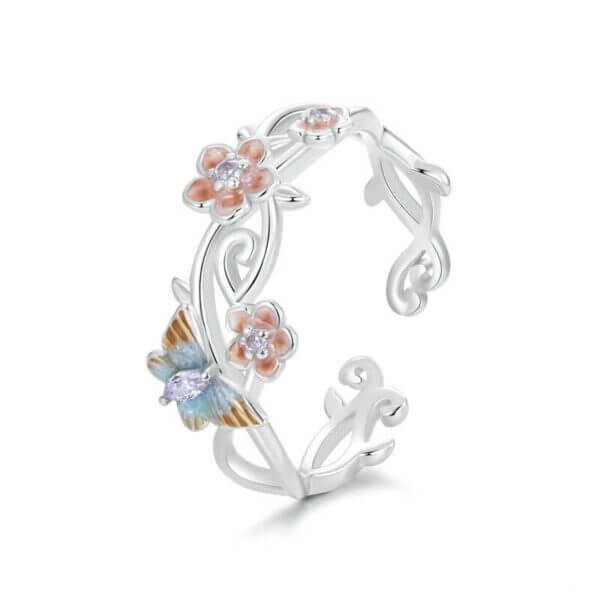 S925 Sterling Silver Original Romantic Sakura Butterfly Open Ring