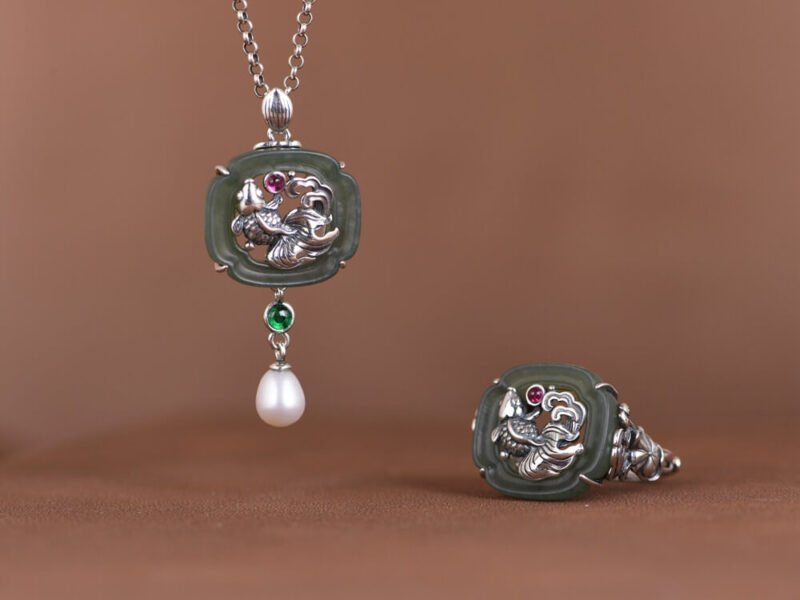 S925 Silver Jade Koi Freshwater Pearl Set