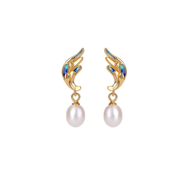 S925 Silver Gold-plated Freshwater Pearl Enamel Feather Earrings