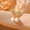 S925 Silver Gold-plated Freshwater Pearl Enamel Feather Earrings