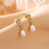 S925 Silver Gold-plated Freshwater Pearl Enamel Feather Earrings