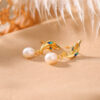 S925 Silver Gold-plated Freshwater Pearl Enamel Feather Earrings