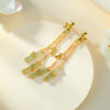 S925 Silver Gold-plated InlaiNatural Jade Bamboo Long Tassel Earrings