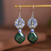 S925 Silver Peony Cloisonne Malachite Pendant Earrings