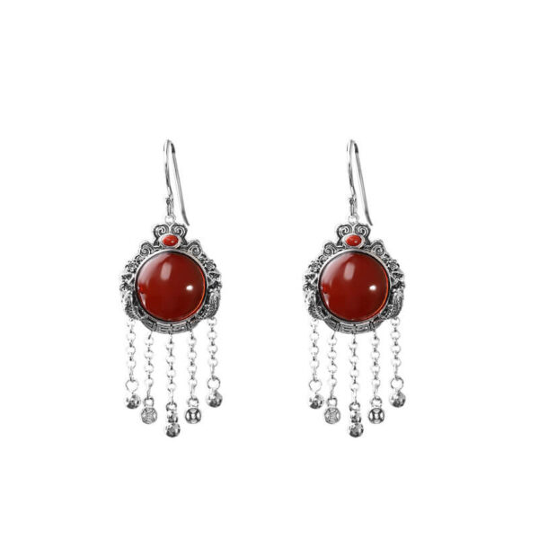 S925 Silver Retro Blood Amber Tassel Earrings