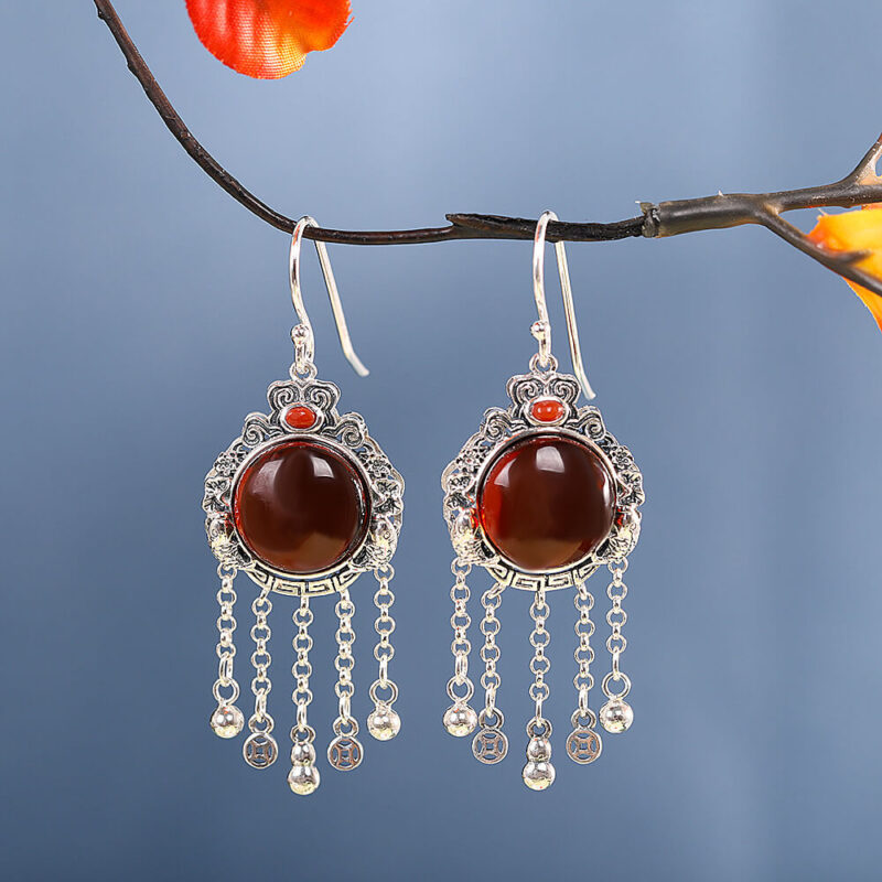 S925 Silver Retro Blood Amber Tassel Earrings