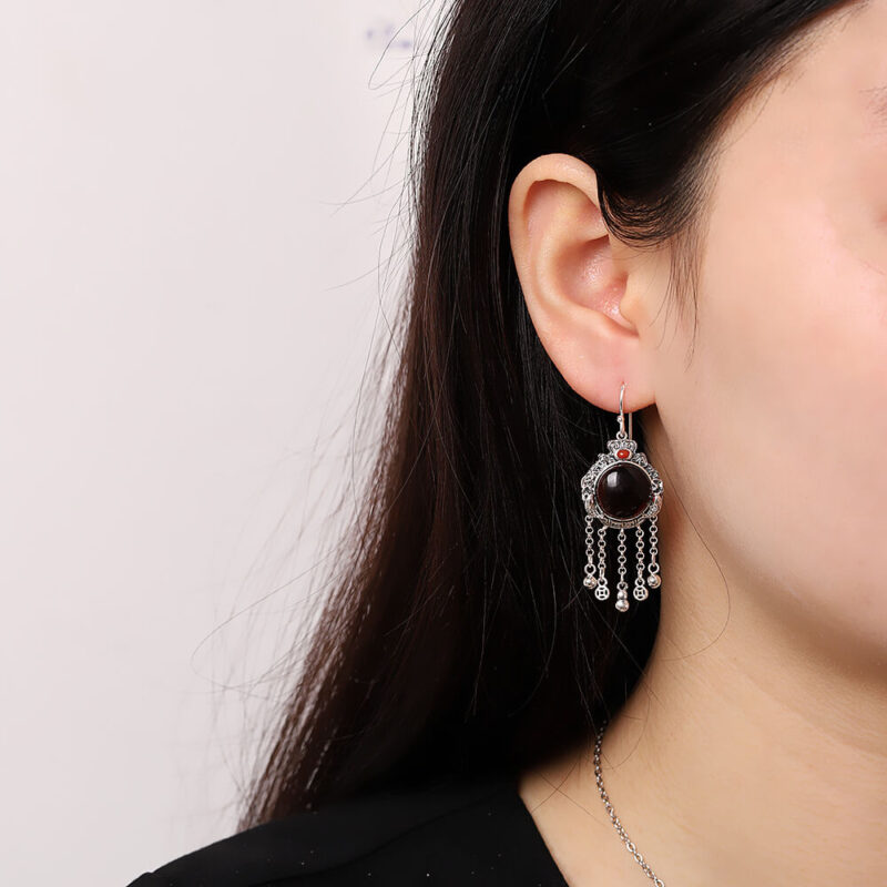 S925 Silver Retro Blood Amber Tassel Earrings