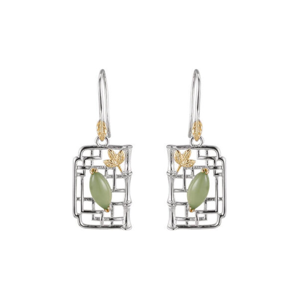 S925 Silver Square Hollow Window Flowers Yellow Agate Jade Bamboo Leaf Earrings