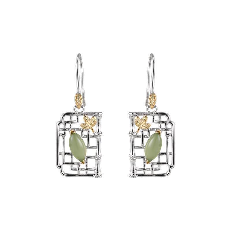 S925 Silver Square Hollow Window Flowers Yellow Agate Jade Bamboo Leaf Earrings