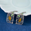 S925 Silver Square Hollow Window Flowers Yellow Agate Jade Bamboo Leaf Earrings