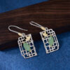 S925 Silver Square Hollow Window Flowers Yellow Agate Jade Bamboo Leaf Earrings