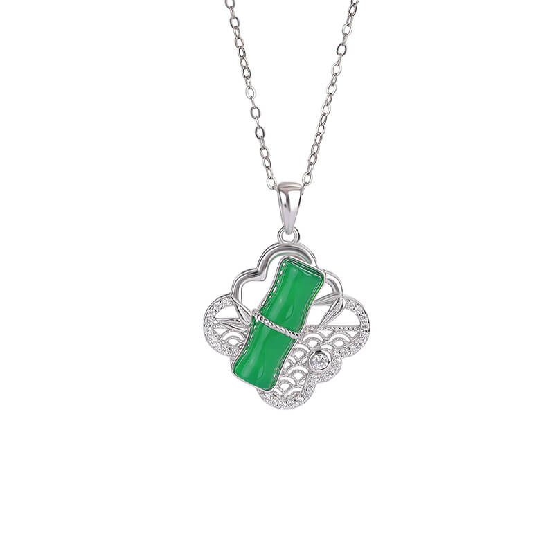 S925 Sterling Silver Chrysoprase Bamboo Leaf Hollow Four-leaf Clover Pendant