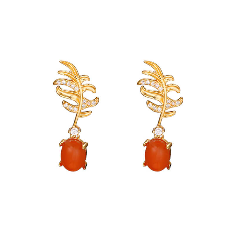 S925 Sterling Silver Gold-plated Agate Leaf Earrings