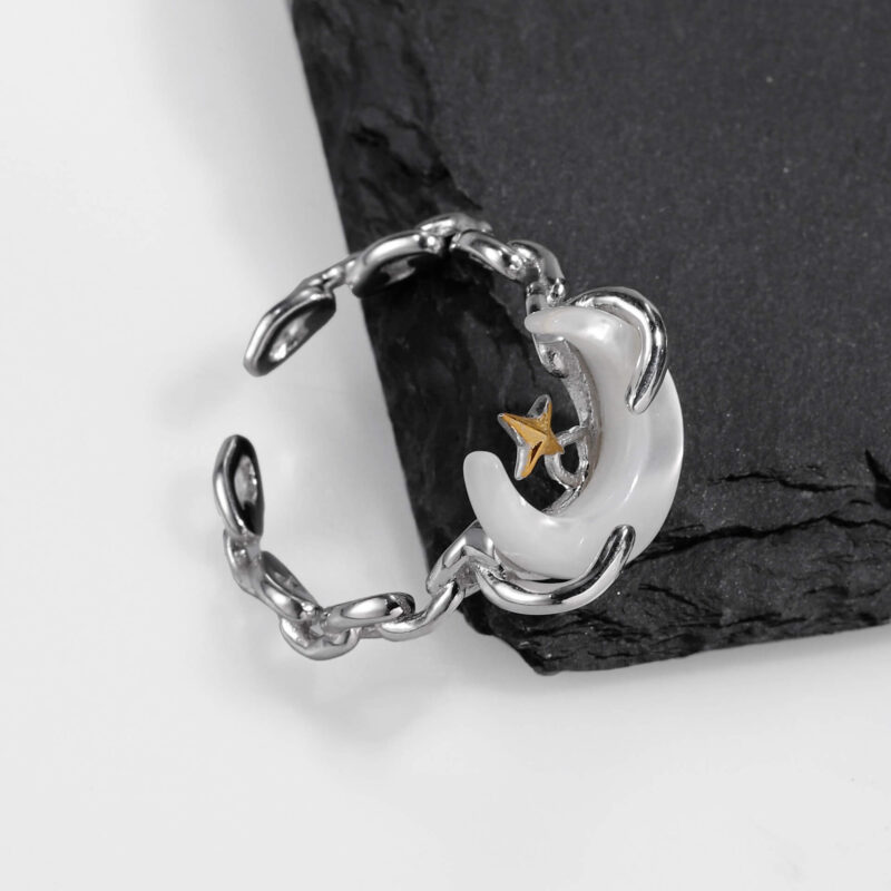 S925 Sterling Silver Agate Star and Moon Open Ring