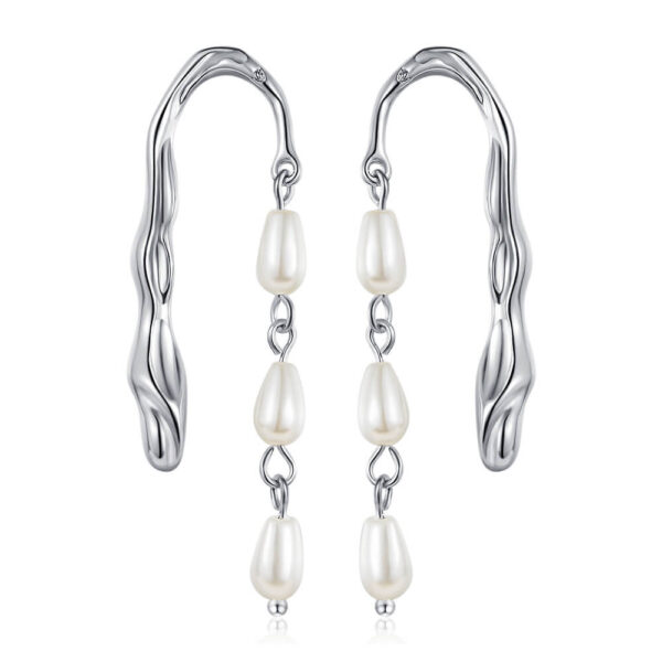 S925 Sterling Silver Elegant Long Tassel Pearl Lava Texture Earrings