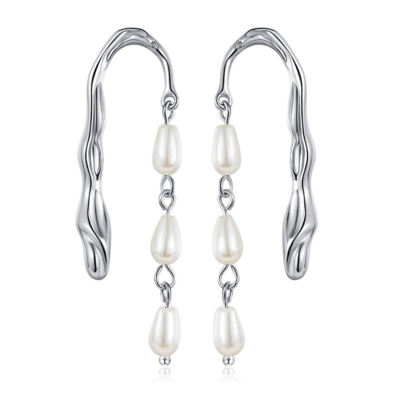 S925 Sterling Silver Elegant Long Tassel Pearl Lava Texture Earrings